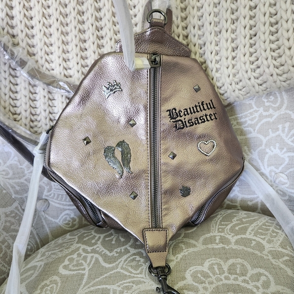 Beautiful Disaster Mini Angel Backpack Bag Purse Pewter Metallic Edgy Punk NWT - Picture 4 of 16